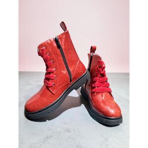 DADAWEN Red Glitter Combat Boots - Size 6.5 - Velvet Laces & Side Zip - Cosplay